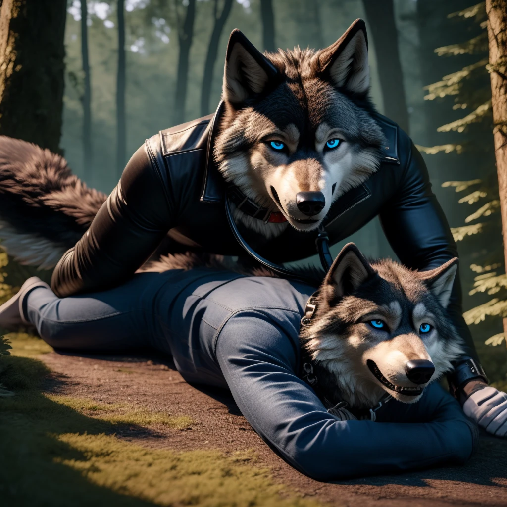 1Male, 30 years old, cute, eyeliner, big grin, one eye open, black leather jacket, anthro, wolf ears, (black fur:1.5), wolf, forest background, 8k, hi res, (best quality, masterpiece), (wolf tail:1.5), detailed fur, leash and collar, blue jeans, blue eyes, lying down on the ground on back solo