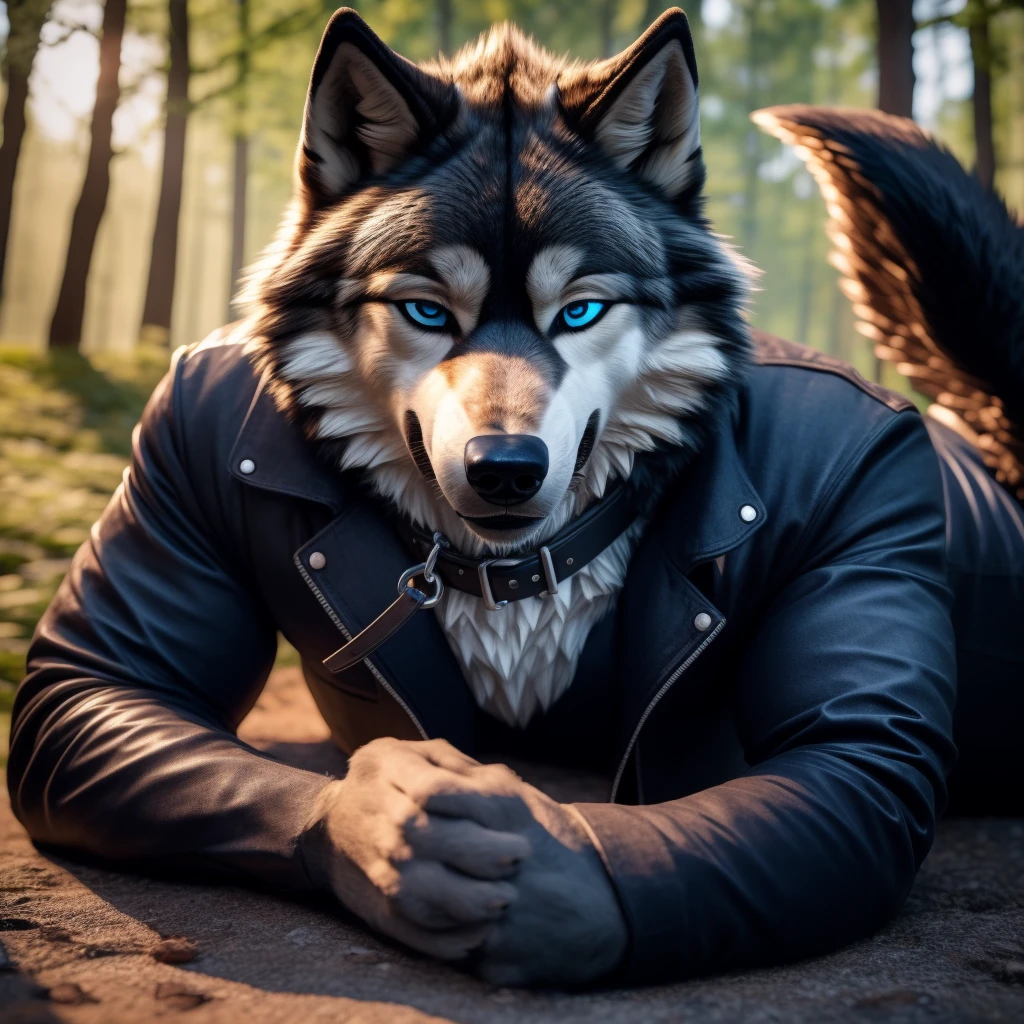 1Male, 30 years old, cute, eyeliner, big grin, one eye open, black leather jacket, anthro, wolf ears, (black fur:1.5), wolf, forest background, 8k, hi res, (best quality, masterpiece), (wolf tail:1.5), detailed fur, leash and collar, blue jeans, blue eyes, lying down on the ground on back solo