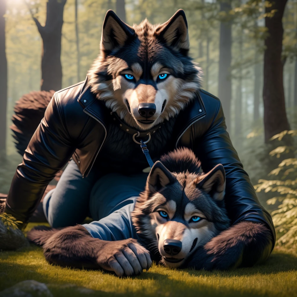 1Male, 30 years old, cute, eyeliner, big grin, one eye open, black leather jacket, anthro, wolf ears, (black fur:1.5), wolf, forest background, 8k, hi res, (best quality, masterpiece), (wolf tail:1.5), detailed fur, leash and collar, blue jeans, blue eyes, lying down on the ground on back solo