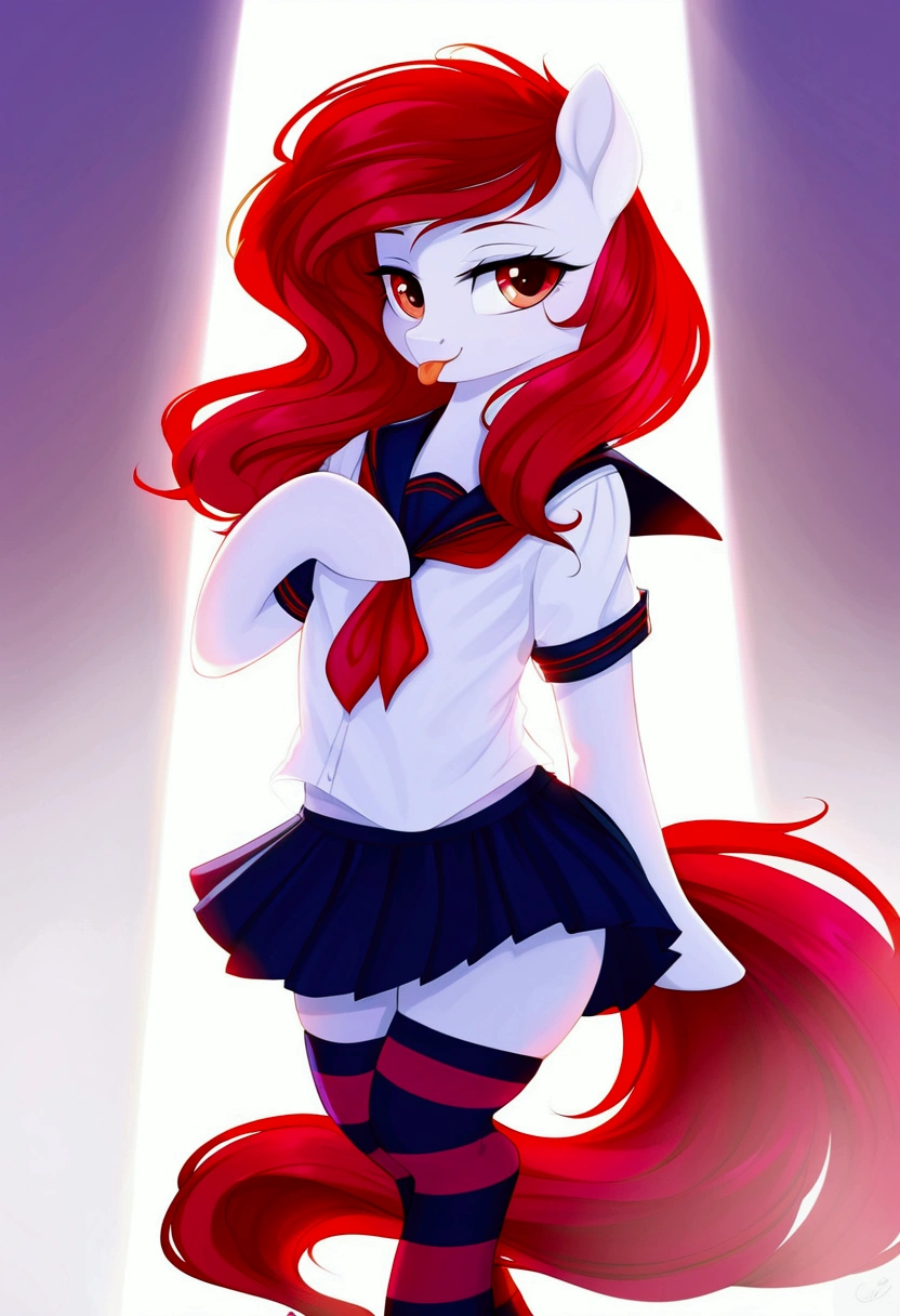 radiant lighting, vibrant colors, whimsical atmosphere, 8K, high resolution, highly detailed, masterpiece, (((my little pony))), stockings, (red hair, white body, red eyes) cute face, tongue out, (seductive school uniform), striped stockings