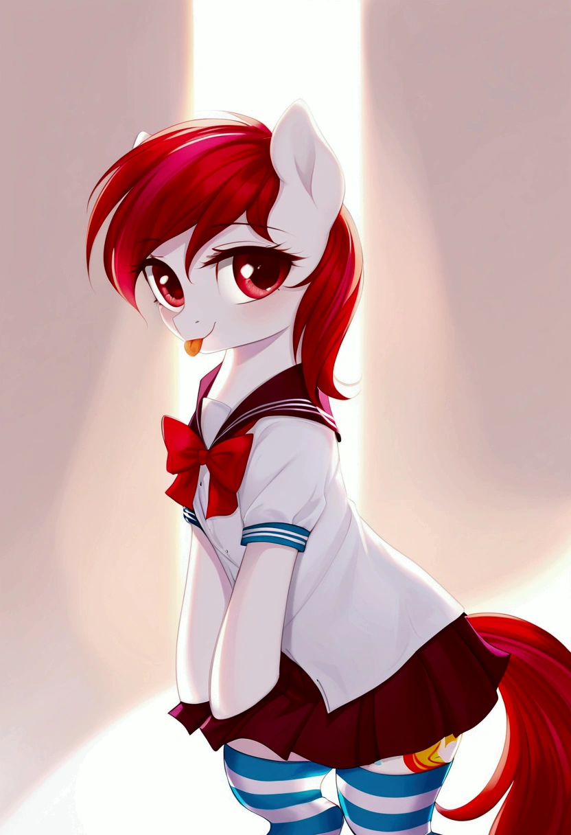 radiant lighting, vibrant colors, whimsical atmosphere, 8K, high resolution, highly detailed, masterpiece, (((my little pony))), stockings, (red hair, white body, red eyes) cute face, tongue out, (seductive school uniform), striped stockings