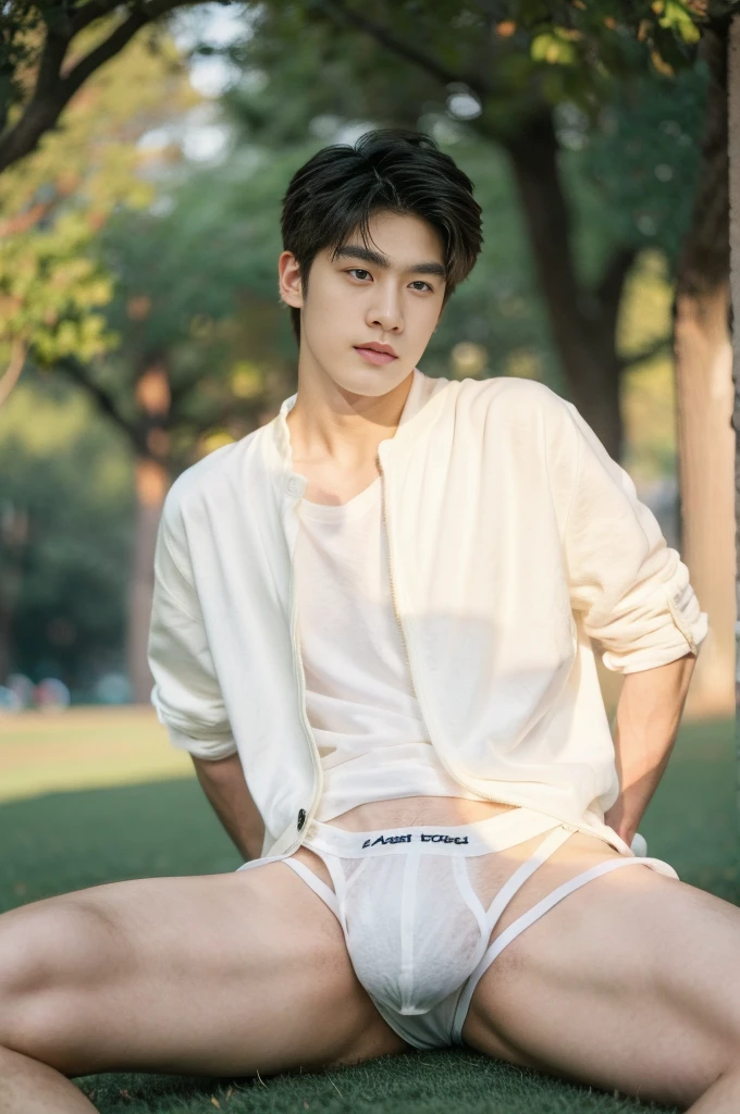 Asian muscular boy sitting on grass, sexy, Dark eyebrows, white shirt, wearing white thong high cut underwaer, white high cut Jockstrap, muscular young male, mid shot portrait, high quality portrait, Attractive pose, cute young man, gorgeous young model, portrait a 25 - year - old boy, casual photography, Realistic. Cheng Yi, cute young man, ((wearing micro string thong))