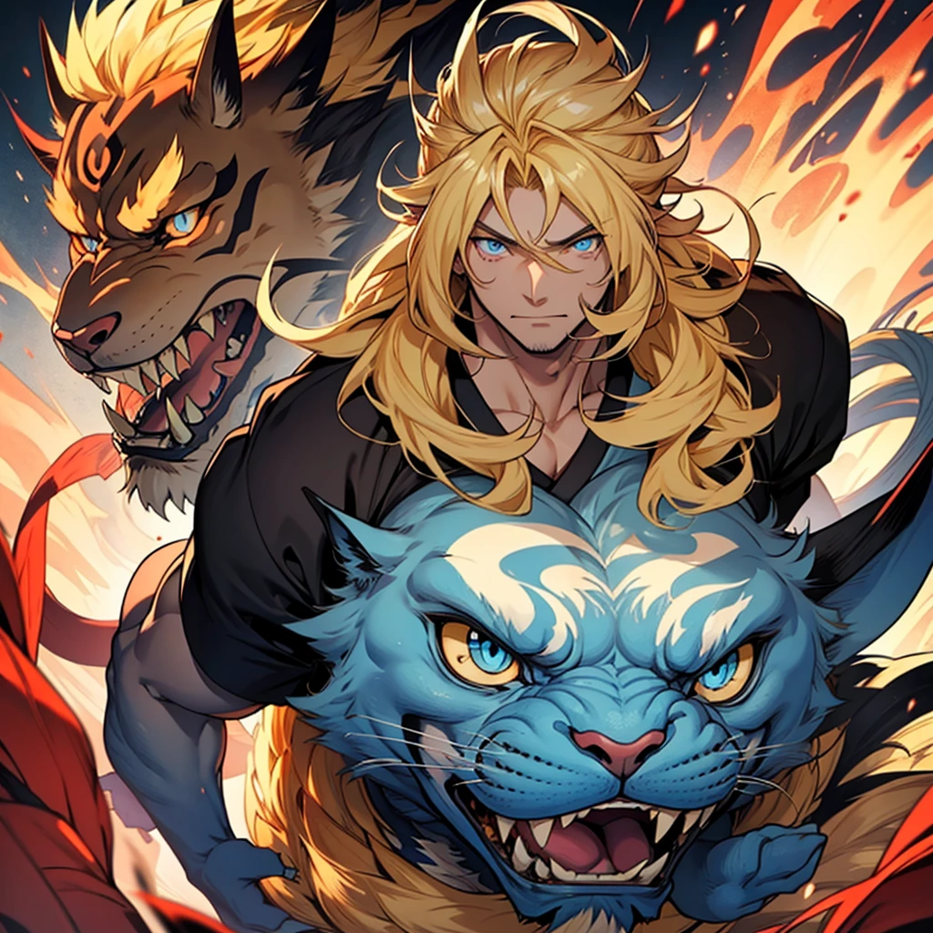 Masculine, monstrous version of the Japanese spirit Komainu with big blonde hair and blue eyes 