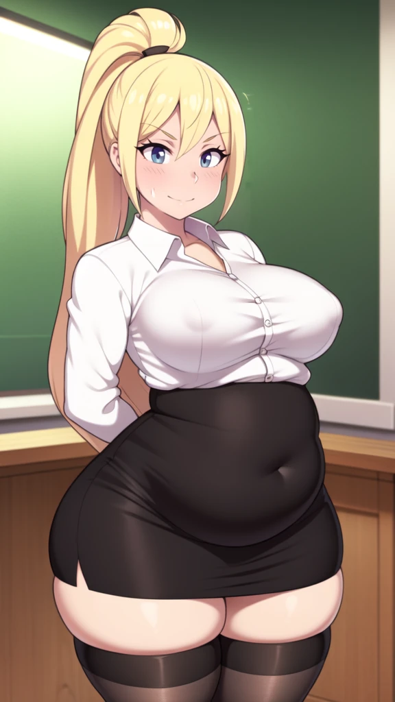 ((highres)),Masterpiece, high quality, best quality, beautiful, perfect lighting, detailed face, ultra cute face, ((1girl)), ((solo), long blonde hair, ponytail, blue eyes, glasses, embarrassed look, masochist, aroused, ((blush)), looking at viewer, arms crossed, standing in a classroom, (classroom), daytime, dress shirt, pencil skirt, (tight clothes), ((chubby)), (thigh highs), (wide hips), ((thick thighs)), medium breasts, perky breasts, 24 year old female,