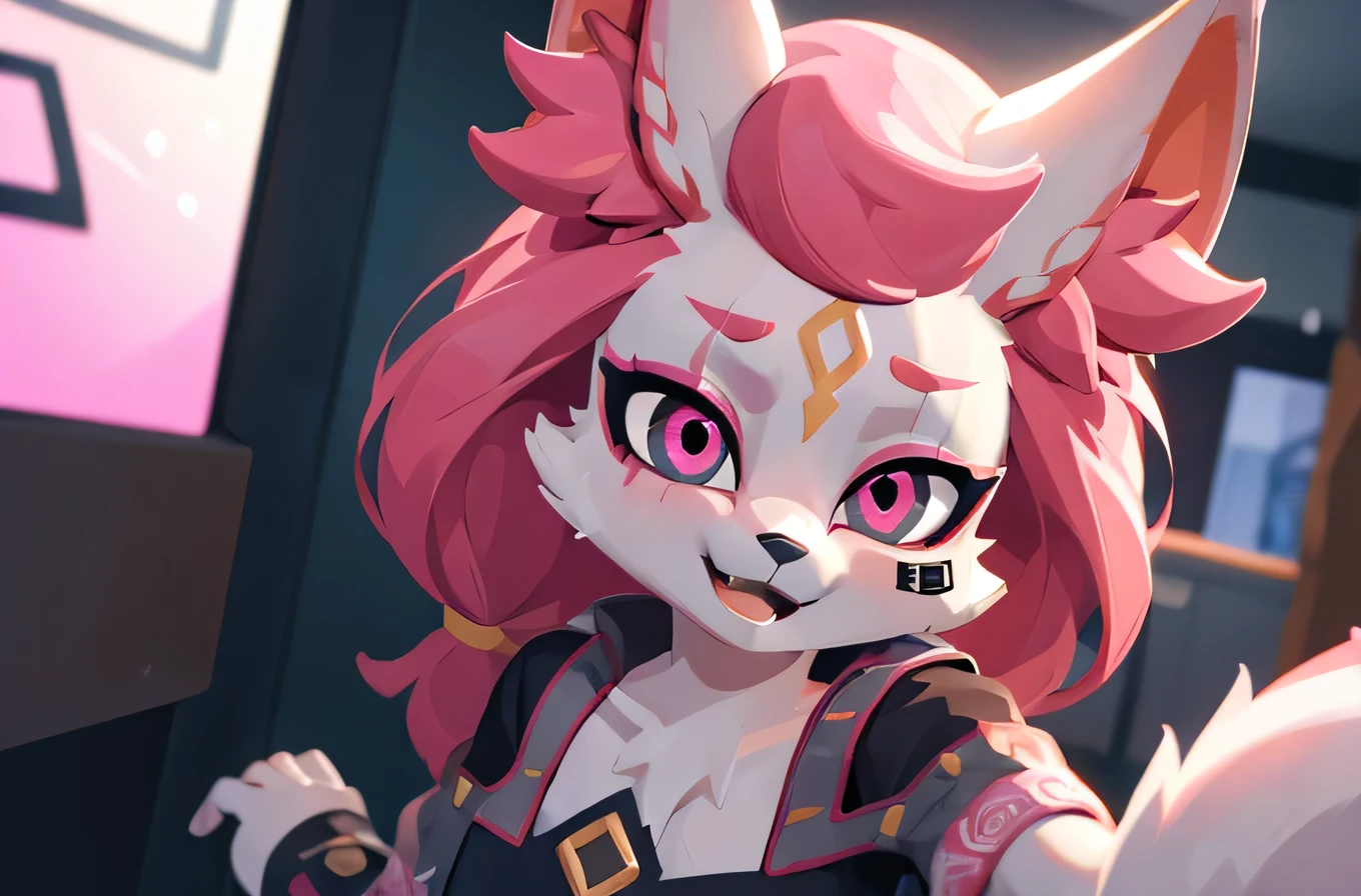 kimiko, furry female anthro, fox girl, white body fur, Pink hair, solo, body fur, (best quality), cinematic lighting, masterpiece, perfect hair, selfie, happy