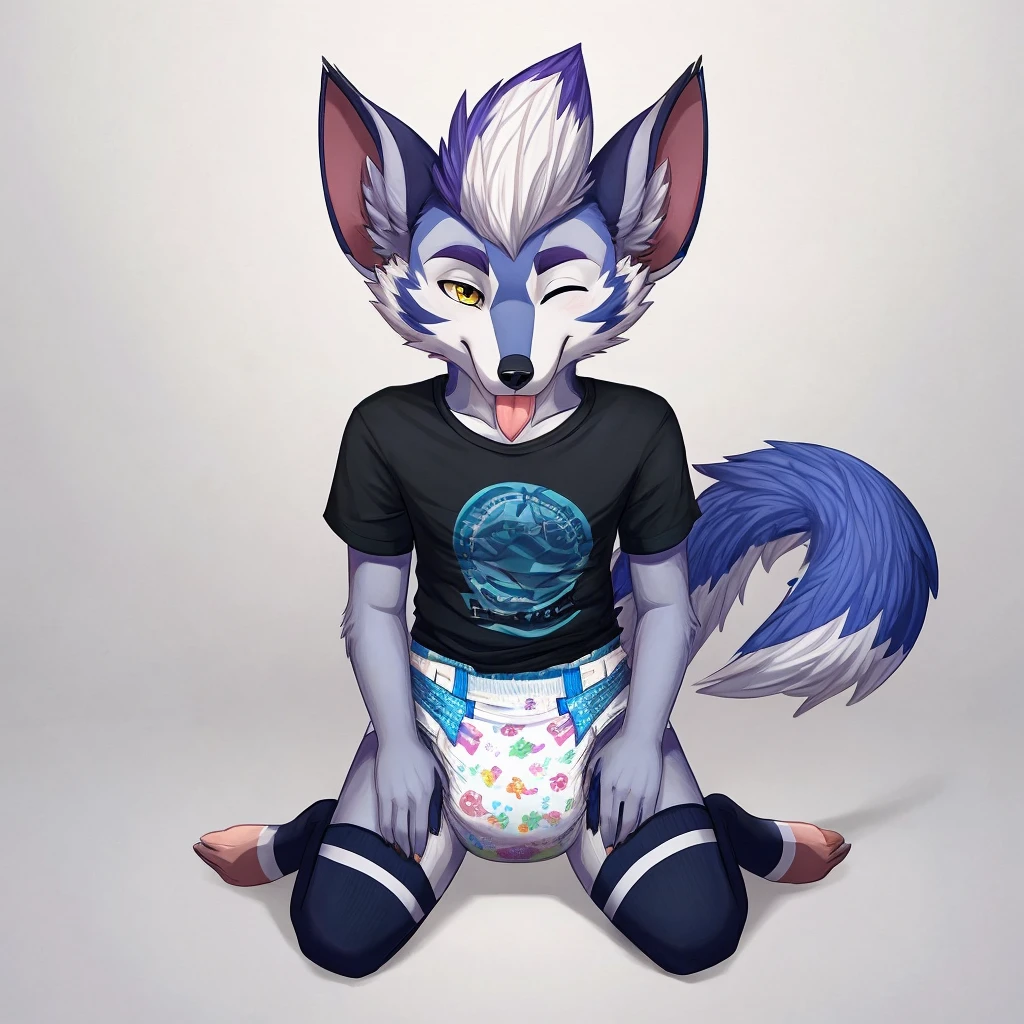 Anthropomorphic male opposum, yellow eyes, twirl tail, fullbody view, solo, on knees, white background, digital art, lifting his shirt, different views, wearing a t-shirt and long socks with white stripes and a diaper, looking at viewer, one eye closed, tongue out, soaked diaper, wet diaper,
