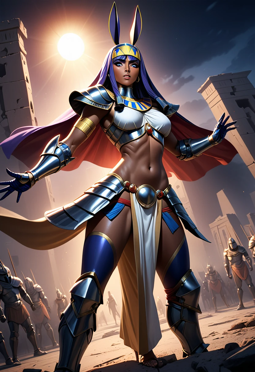 (masterpiece, top quality, best quality, beautiful and aesthetic:1.2), full body, SFW, extremely detailed, detailed eyes, purple eyes, detailed hands, cinematic light, depth of field, 1girl, seducing smile, solo, official, (full armored knight:1.4), Nitocris from Fate, slim body tanned, tan skin, egyptian, pharaoh, cinematic lighting, dramatic lighting, dramatic atmosphere, hyper-realistic, high resolution, stunning contrast, high quality, best quality, 8k, 4k, intricately detailed, (amazing details:1.2), highly detailed skin, powerful presence, vibrant colors, (detailed eyes:1.2), striking eyes, (detailed background), (warzone on background, night, ruins), (dynamic angle:1.2), (dynamic pose:1.2)