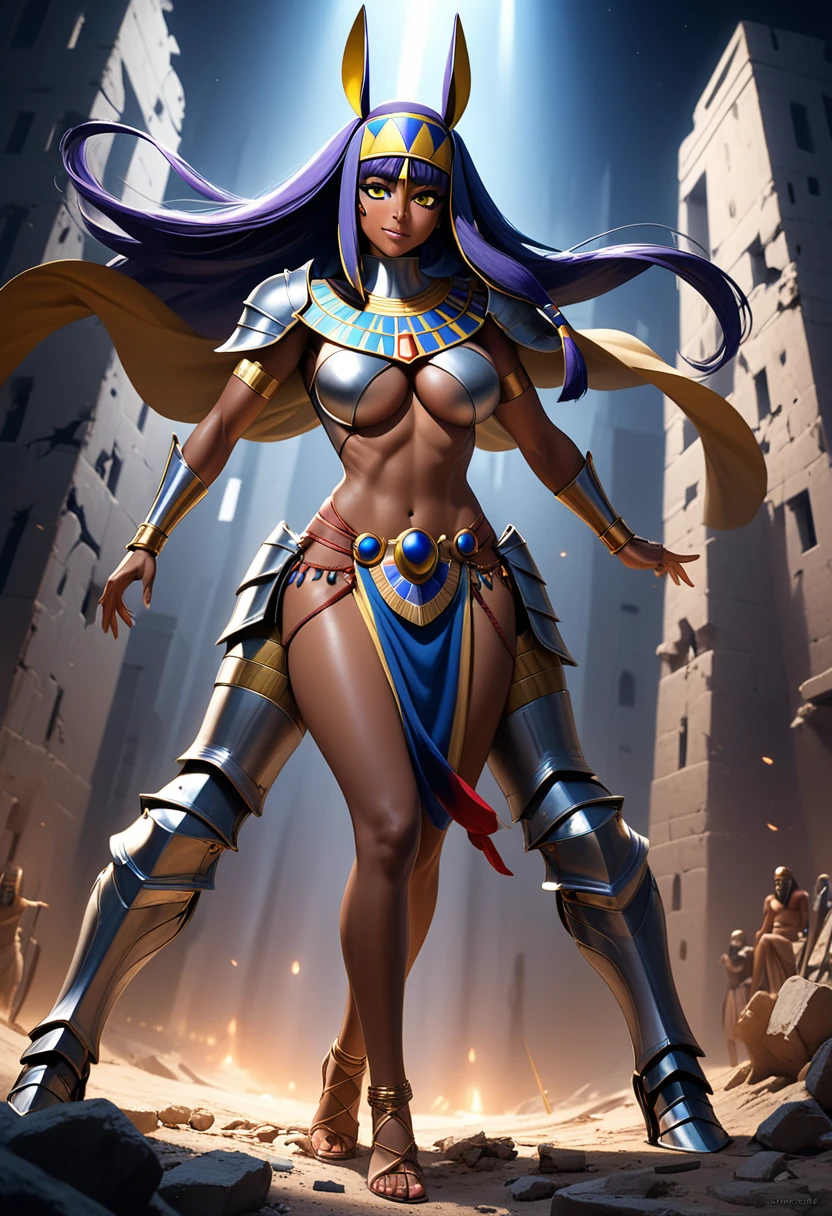 (masterpiece, top quality, best quality, beautiful and aesthetic:1.2), full body, SFW, extremely detailed, detailed eyes, purple eyes, detailed hands, cinematic light, depth of field, 1girl, seducing smile, solo, official, (full armored knight:1.4), Nitocris from Fate, slim body tanned, tan skin, egyptian, pharaoh, cinematic lighting, dramatic lighting, dramatic atmosphere, hyper-realistic, high resolution, stunning contrast, high quality, best quality, 8k, 4k, intricately detailed, (amazing details:1.2), highly detailed skin, powerful presence, vibrant colors, (detailed eyes:1.2), striking eyes, (detailed background), (warzone on background, night, ruins), (dynamic angle:1.2), (dynamic pose:1.2)