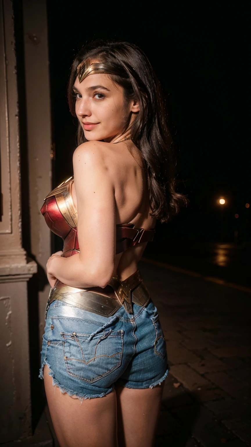 ((masterpiece), (solo character), (photorealistic:1.4), ),(best quality), (epiCRealLife), (g4lg), (g4lg large breasts), (g4lg show cleavages), (Gal Godot in wonder woman costume), (lora:epiCFlashPhoto),(flashphoto), (flash photography) (look at viewers), (night time), (at night), (photoshoot), (wonder woman theme),, (in a temple), (from behind), (boots) (smile)