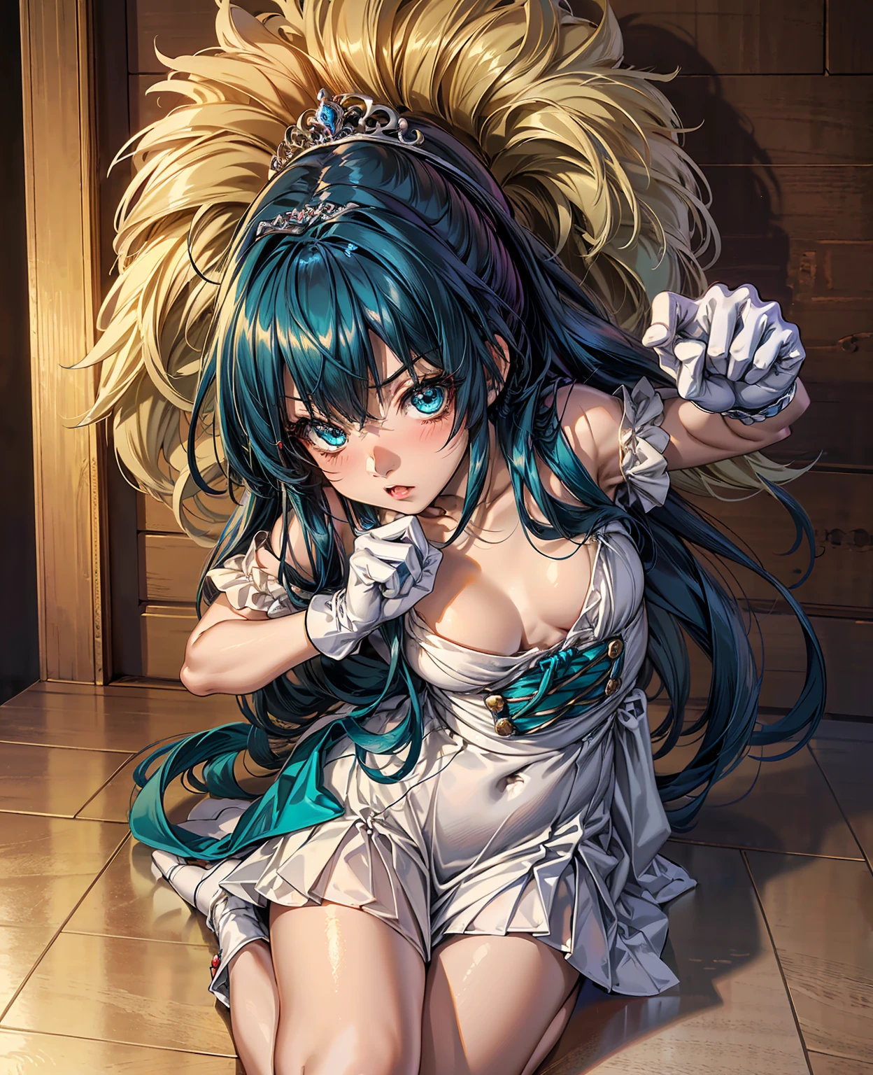(artwork), (amazing work), (indirect linear lighting), (Chibi-cute studios), (Gif cute anime), (cute cute kawaii), (extremely detailed CG 8k unit wallpaper), (1girl) wearing cute dress, long blue hair with cute ruffled tiara, wearing silk gloves, white skin, green blue eyes, (cute kawaii)