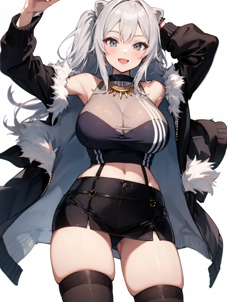 1girl, solo, (white background:1.4), simple background, huge breasts, smile, Botan, BotanOutfit, fur-trimmed, jacket, long hair ,pencil skirt,pantyhose,looking viewer,bare shoulder