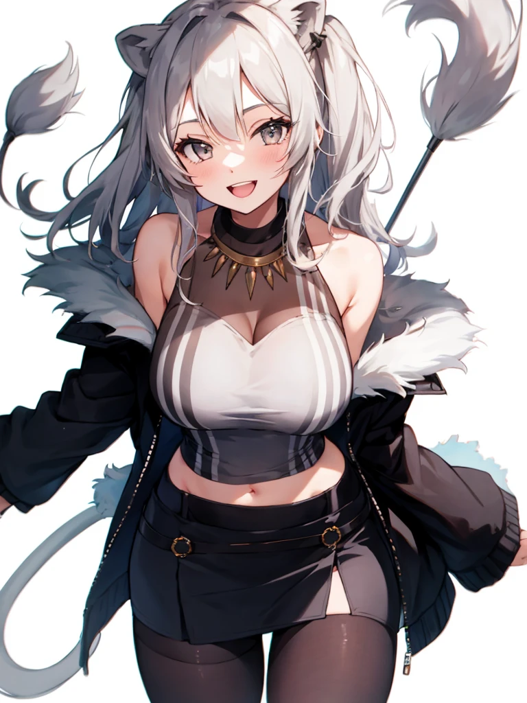 1girl, solo, (white background:1.4), simple background, huge breasts, smile, Botan, BotanOutfit, fur-trimmed, jacket, long hair ,pencil skirt,pantyhose,looking viewer,bare shoulder