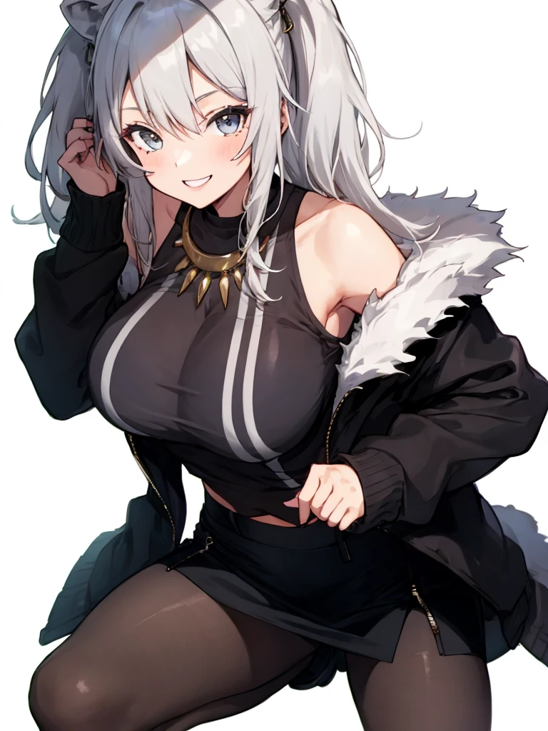 1girl, solo, (white background:1.4), simple background, huge breasts, smile, Botan, BotanOutfit, fur-trimmed, jacket, long hair ,pencil skirt,pantyhose,looking viewer,bare shoulder