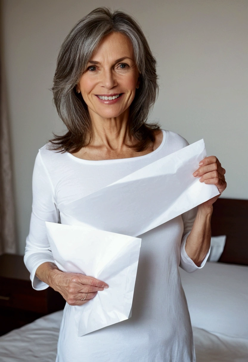 adult woman 50 years old, holds a white sheet of paper in one hand and shows it to the camera, with firm breasts, Standing beside the bed, smiling, looking at the camera