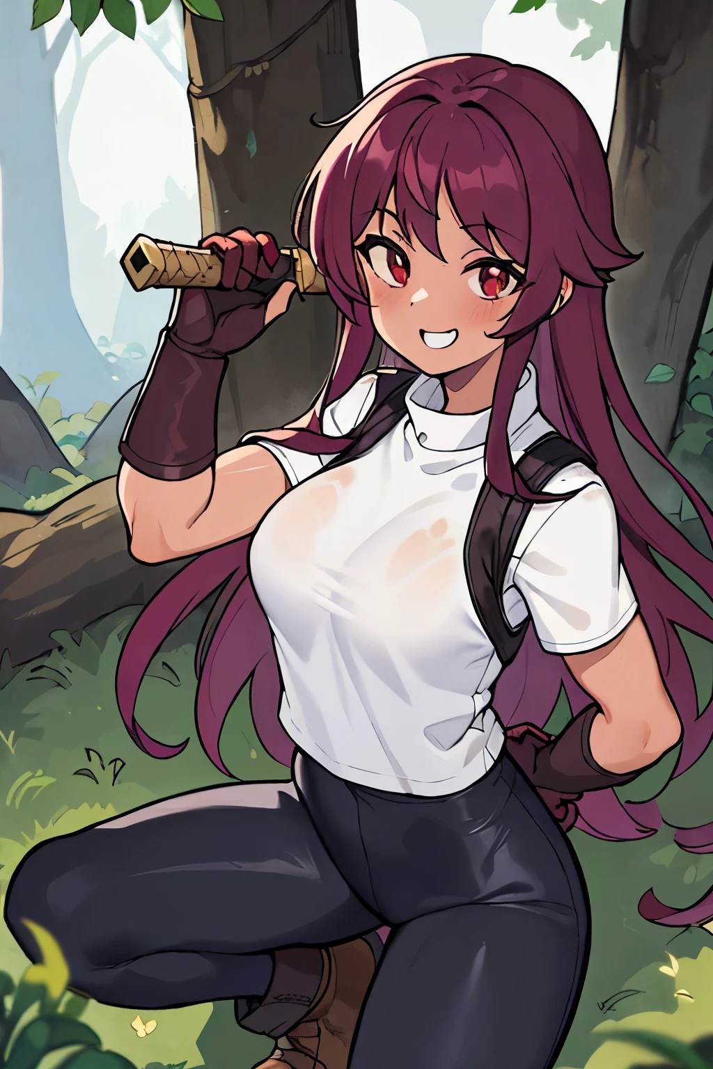 ((melhor qualidade)), ((Obra de arte)), (detalhado), 1 garota, (girl), (burgundy hair), (red eyes), (mischievous smile), (wears white shirt), (leather vest over white shirt), (wears leather gloves), (messy hair), (dark skin) , (large breasts), (large thighs), (medieval times), (has a sword on her back), (flushed face), (wears tight pants), (black pants), (walks in the forest), (adult) , (20 years old), (small muscles), (long hair),  (large breasts), (large thighs)