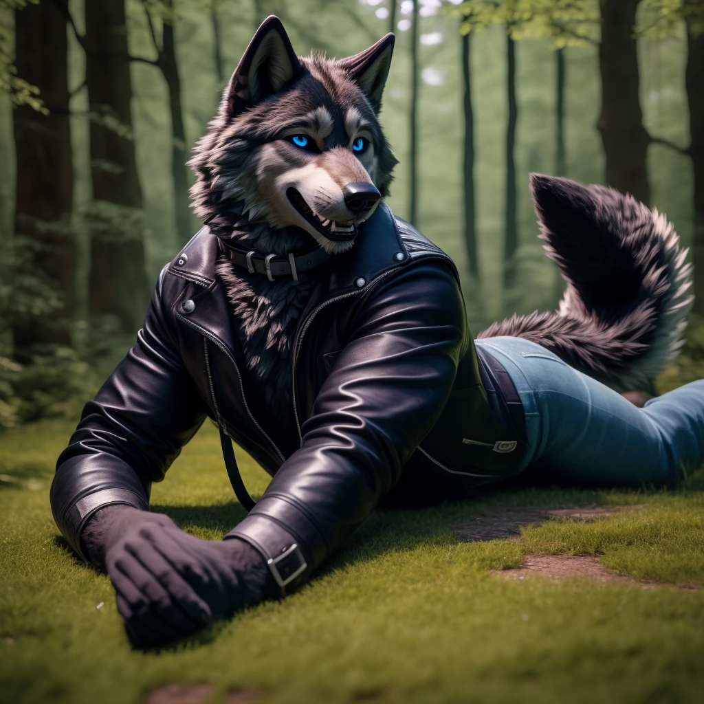 Male, 30 years old, cute, eyeliner, big grin, very happy, black leather jacket, anthro, wolf ears, (black fur:1.5), wolf, forest background, 8k, hi res, (best quality, masterpiece), (wolf tail:1.5), detailed fur, solo, leash and collar, blue jeans, blue eyes, lying down on the ground