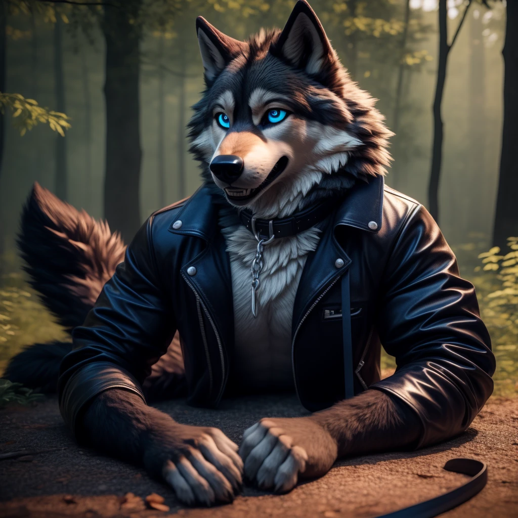 Male, 30 years old, cute, eyeliner, big grin, very happy, black leather jacket, anthro, wolf ears, (black fur:1.5), wolf, forest background, 8k, hi res, (best quality, masterpiece), (wolf tail:1.5), detailed fur, solo, leash and collar, blue jeans, blue eyes, lying down on the ground