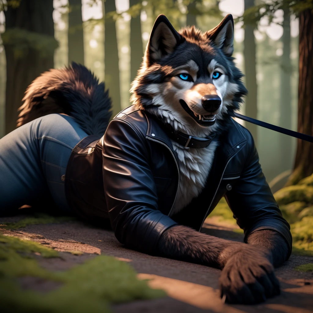 Male, 30 years old, cute, eyeliner, big grin, very happy, black leather jacket, anthro, wolf ears, (black fur:1.5), wolf, forest background, 8k, hi res, (best quality, masterpiece), (wolf tail:1.5), detailed fur, solo, leash and collar, blue jeans, blue eyes, lying down on the ground