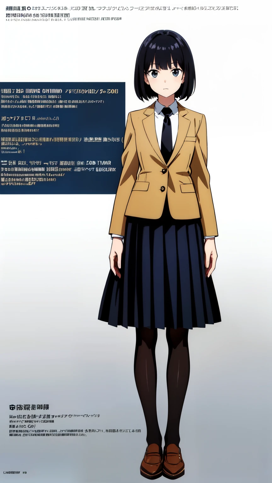 (white background:1.0), (best quality:1.0), (masterpiece:1.0), (super fine illustration:1.0), (beautiful artwork:1.0), (anime screencap:1.0), (official art:1.0), (full body:1.0), (solo:1.0), (HSGA:1.0), (a 18yo cute girl:1.0), (long skirt:1.0), (dark blue skirt:1.0), (pleated skirt:1.0), (school uniform beige blazer:1.0), (dark blue necktie:1.0), (loafers:1.0), (black socks:1.0), (ideal ratio body proportions:1.0), (lanky:1.0), (tall:1.0), (slender:1.0), (small breasts:1.0), (smaller face:1.0), (tareme:1.0), (detailed beautiful eyes:1.0), (detailed beautiful face:1.0), (glowing black eyes:1.0), (bob cut hair:1.0), (black hair:1.0), (standing:1.0), (looking at viewer:1.0)