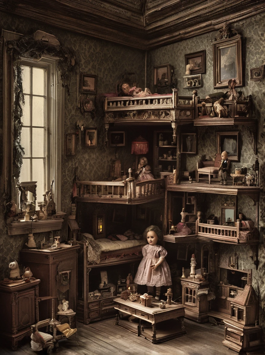 A cursed dollhouse sits in the
corner of a child's bedroom, its
miniature rooms eerily
reminiscent of the family's own
home. Strange noises emanate
from within, and those who dare
to peer inside swear they can see
movement among the tiny figures.