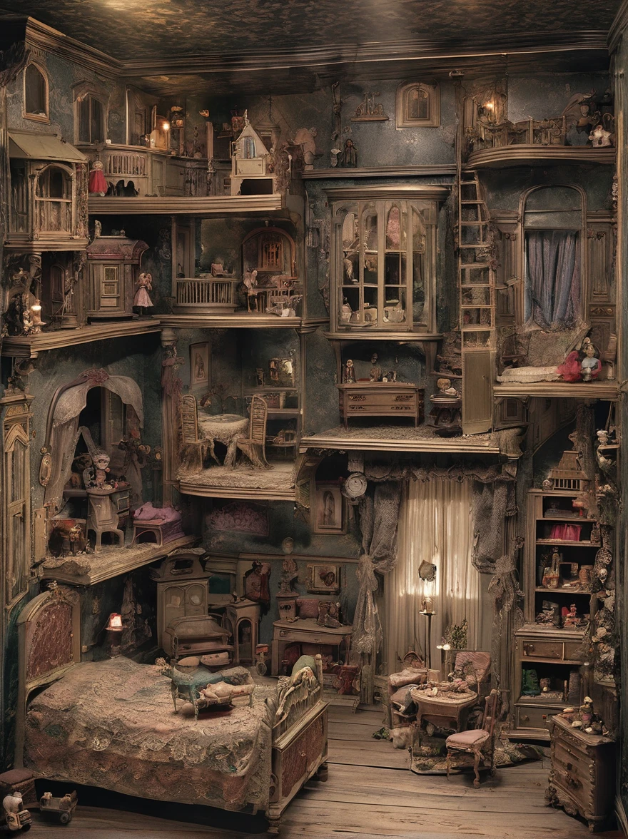 A cursed dollhouse sits in the
corner of a child's bedroom, its
miniature rooms eerily
reminiscent of the family's own
home. Strange noises emanate
from within, and those who dare
to peer inside swear they can see
movement among the tiny figures.