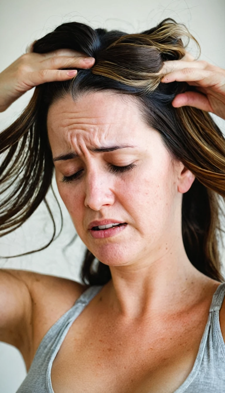 a pregnant woman with her hands over her hair with a face of great pain