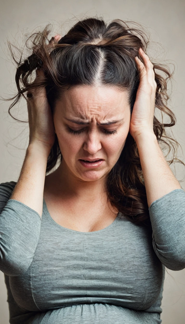 a pregnant woman with her hands over her hair with a face of great pain 