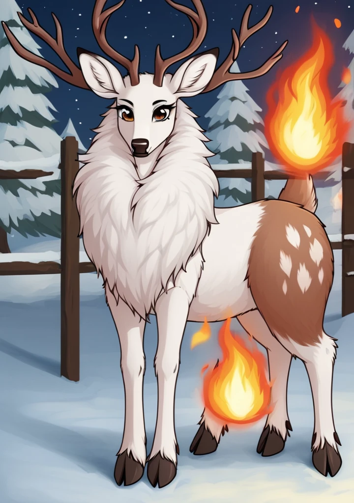 A deer centaur chimera woman, deer with eyes on fire, woman with fluffy white fur face skin, very fluffy white fur body