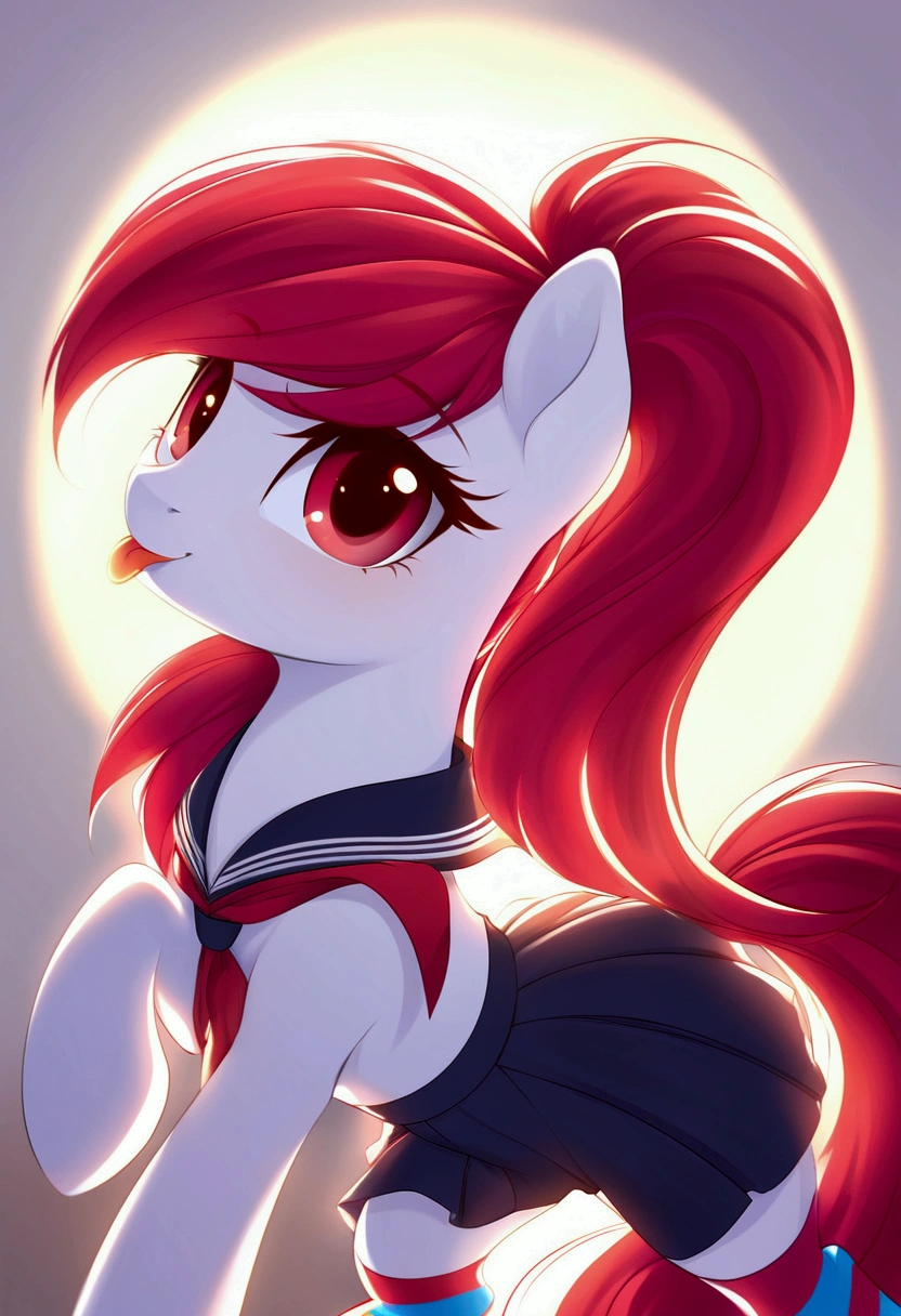 radiant lighting, vibrant colors, whimsical atmosphere, 8K, high resolution, highly detailed, masterpiece, (((my little pony))), four stockings, (red hair, white body, red eyes) cute face, tongue out, (seductive school uniform), striped stockings