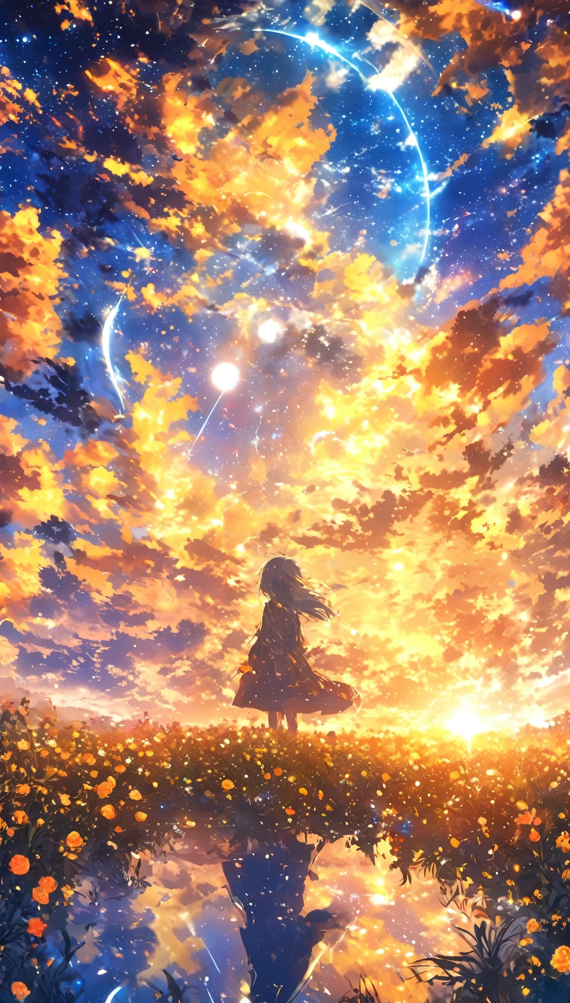 masterpiece, Concept Art, Panorama, in the center, shape, Wide Shot, garden, night, (meteor), Space galaxy background, (Great composition, Epic scale), Dynamic Lighting, Bright colors, Blue rose,landscape longeyelashes, solid circle eyes, silver hair, half-closed eyes, sad, drop shadow, anaglyph, stereogram, tachi-e, atmospheric perspective, wide shot, reflection light, 8K, super detail, best quality, anatomically correct