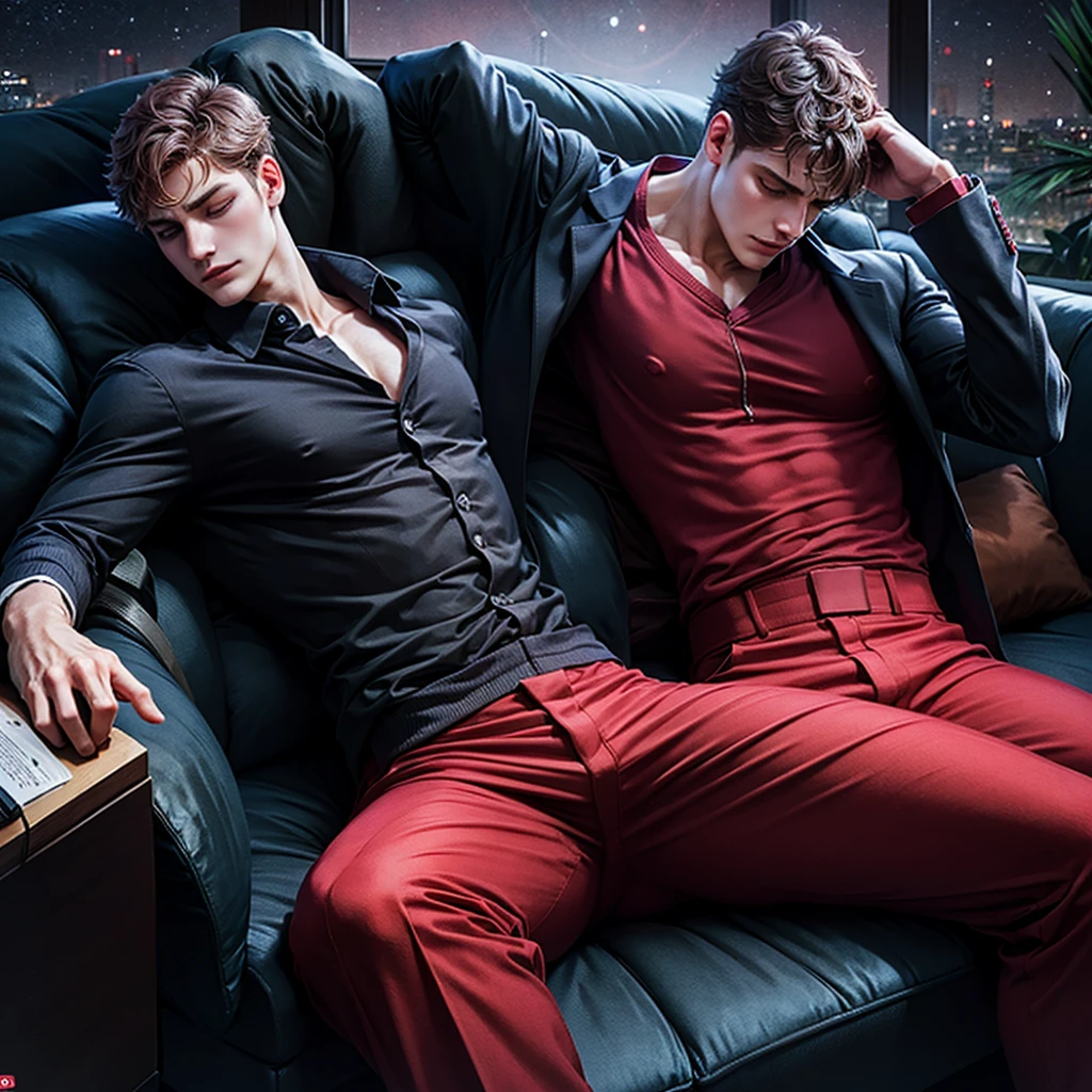 A pretty guy, wearing red pants and blazer suit with black shirt, sleeping on the couch, night time, the bright moonlight hitting his body, sfw