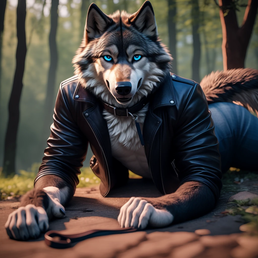 Male, 30 years old, cute, eyeliner, big grin, very happy, black leather jacket, anthro, wolf ears, (black fur:1.5), wolf, forest background, 8k, hi res, (best quality, masterpiece), (wolf tail:1.5), detailed fur, solo, leash and collar, blue jeans, blue eyes, lying down on the ground