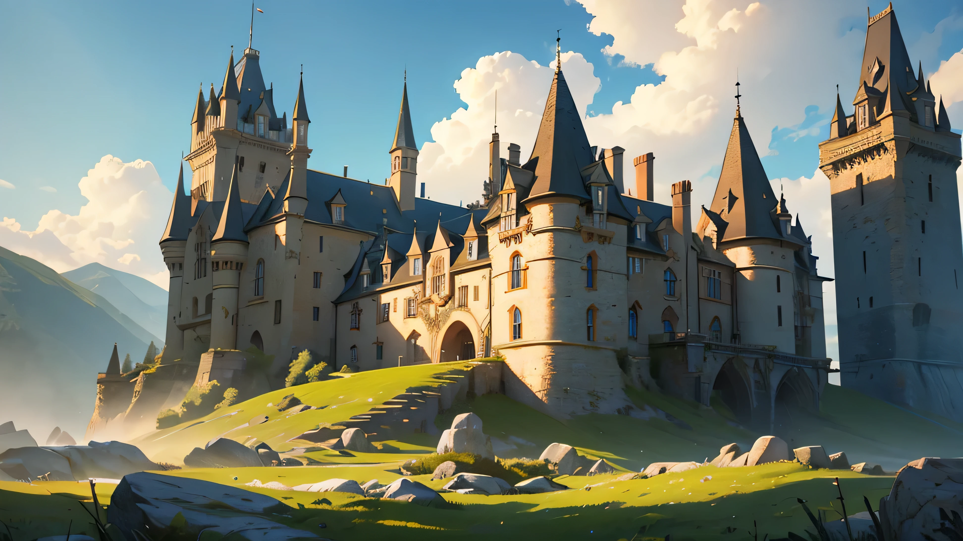 A medieval fantasy castle on a grassy mountain, detailed illustration, medieval, castle, mountain, grass field, fantasy landscape, intricate architecture, medieval stone, turrets, towers, drawbridge, moat, clouds, dramatic lighting, cinematic, (best quality,4k,8k,highres,masterpiece:1.2),ultra-detailed,(realistic,photorealistic,photo-realistic:1.37),vibrant colors,cinematic lighting