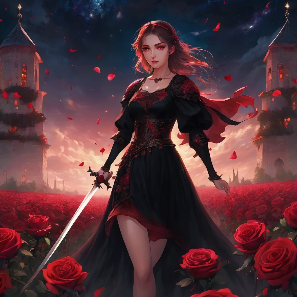 (masterpiece), (girl, full body, holding sword, red medieval sword), (black dress, ornate red, red flower patterned, translucent), (red eyes, angry), (scenery, roses, rose field, roses ornaments, stary night, night sky, clouds, flying roses), (blur, depth of field)