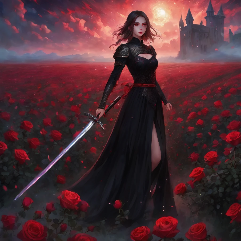(masterpiece), (girl, full body, holding sword, red medieval sword), (black dress, ornate red, red flower patterned, translucent), (red eyes, angry), (scenery, roses, rose field, roses ornaments, stary night, night sky, clouds, flying roses), (blur, depth of field)