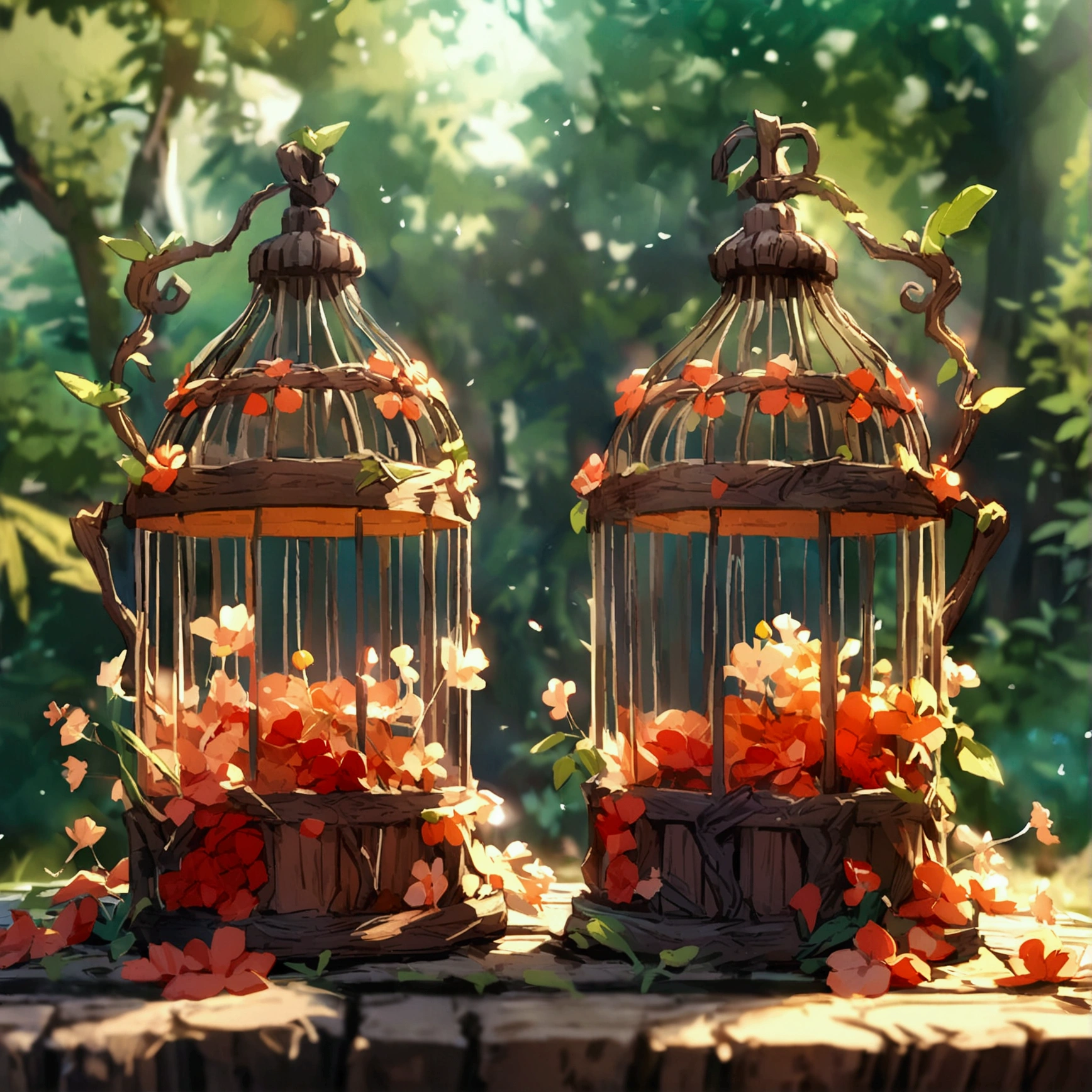 no background high detail fantasy anime wooden cage small