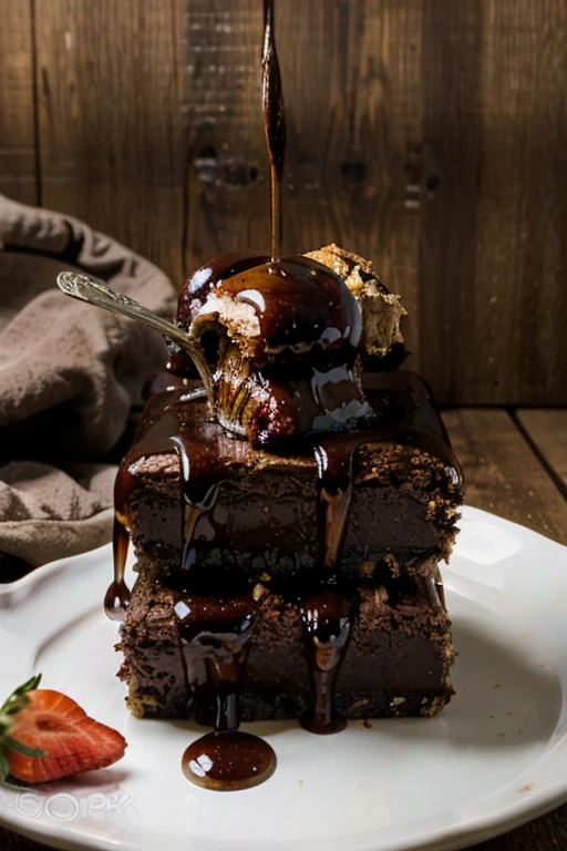 Exquisitely framed 8K ultra-high definition shot of a Deep-Dish Snickers Pie, showcasing a mouthwatering close-up of the succulent slice on a delicate plate. Whipped cream and sliced strawberries artfully arranged on top glisten under warm lighting, drizzled with lots of chocolate and caramel syrup for added sweetness. Chocolate bits add depth and texture to the image. In the background, a steaming hot cup of chocolate and a Snickers Bar create a cozy atmosphere. Slightly overexposed to emphasize the rich colors and textures, this breathtakingly detailed dessert invites viewers to indulge in its scrumptious allure.