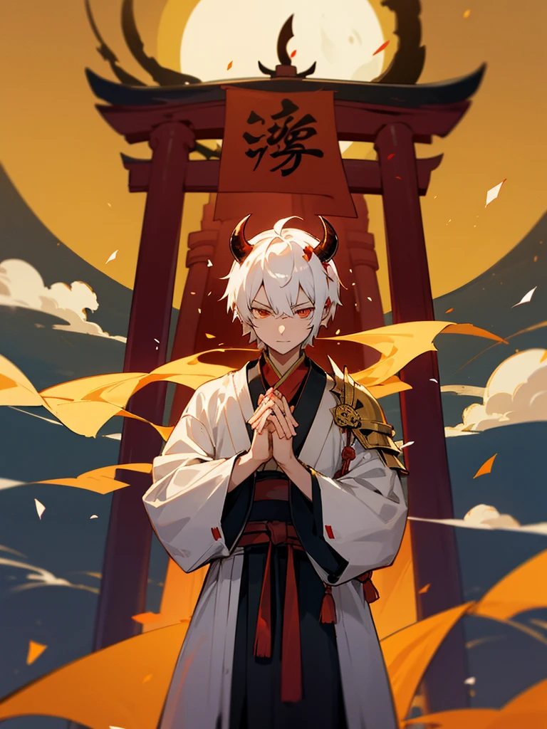 Demon, evil eye, horn, white short hair, black armor, torii gate, man, full moon, hands together in prayer, golden lion, confetti