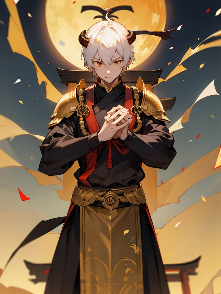 Demon, evil eye, horn, white short hair, black armor, torii gate, man, full moon, hands together in prayer, golden lion, confetti