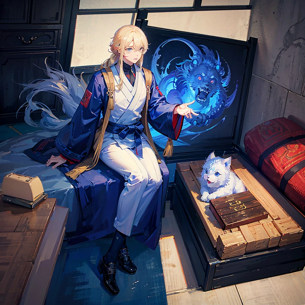 Masculine, monstrous version of the Japanese spirit Komainu with big blonde hair and blue eyes 