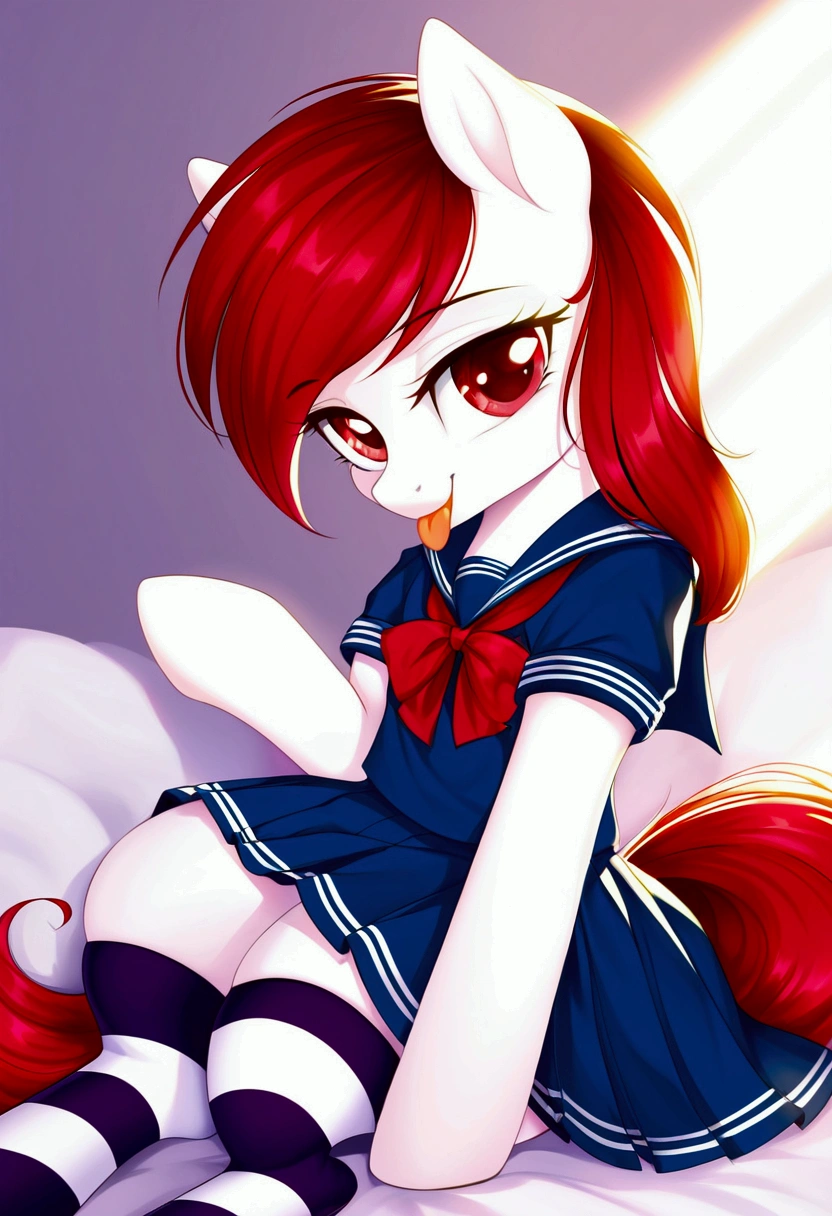 radiant lighting, vibrant colors, whimsical atmosphere, 8K, high resolution, highly detailed, masterpiece, (((my little pony))), four stockings, (red hair, white body, red eyes) cute face, tongue out, (seductive school uniform), striped stockings