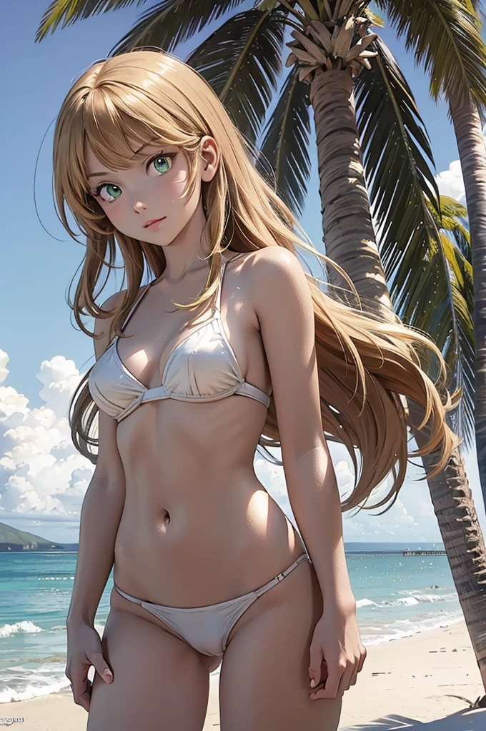 masterpiece, rich colors, Best quality, detailed, high resolution, Hyper quality, high detail, , high quality, detailing, skinny sexy girl on the beach , bright lighting , green eyes, anime, palm trees, bright lighting,