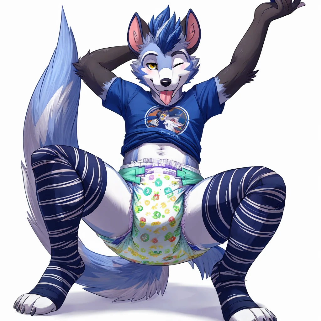 Anthropomorphic male canine, twirl tail, fullbody view, solo, on knees, digital art, lifting his shirt, different views, wearing a t-shirt and long socks with white stripes and a wet and messy diaper, looking at viewer