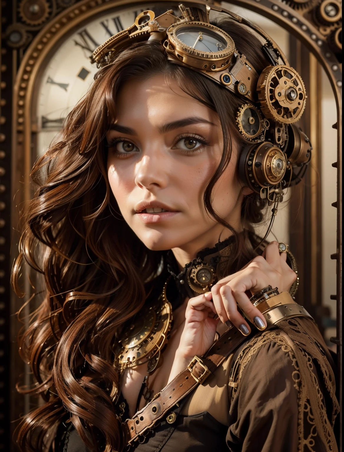 A beautiful steampunk woman with steampunk clothes in the foreground and a huge steampunk machinery mechanical in the background