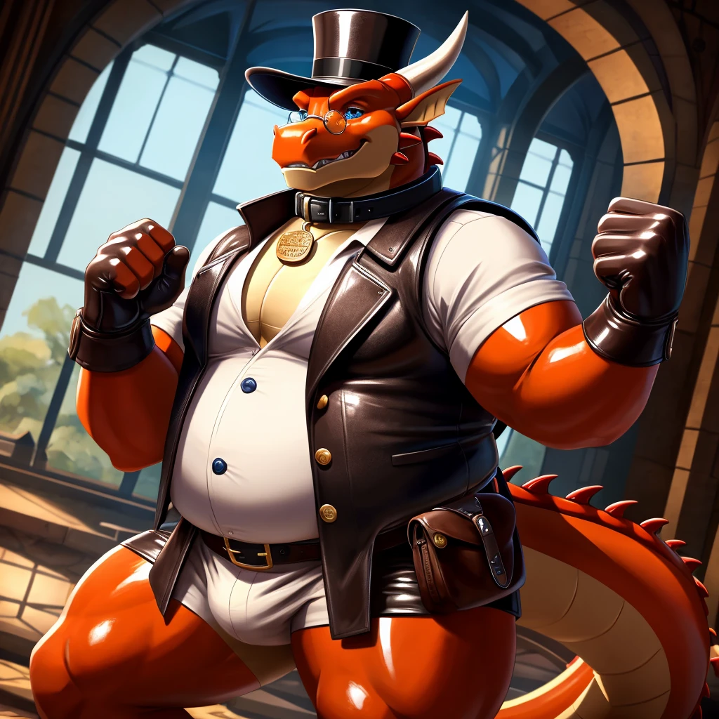 Solo, Male, fat, extremely obese, gentleman, dapper Professor Dragon, blue eyes, (posing:1.3), (soft shading), 4k, hi res, ((detailed face, detailed)), looking at viewer, mouth wide open, steampunk, collared shirt with buttons, top hat, male focus, Explorer Outfit, glasses, monocle, bag, vest with buttons, backpack, sleeves rolled up, round eyewear, brown headwear, brown vest, Dragon is wearing a glossy leather dog collar around the neck, Dragon is wearing the leather collar and shirt and vest at the same time, Dragon is wearing glossy white rubber gloves on the hands, wearing white rubber gloves on the feet, gloves are rubber in texture, clenching teeth, clenching fists, leather collar is glossy and shiny with a lot of detail, Dragon is wearing gloves and leather collar at the same time, leather collar has a round dog-tag, leather collar is thick and detailed, leather collar is glossy and shiny.