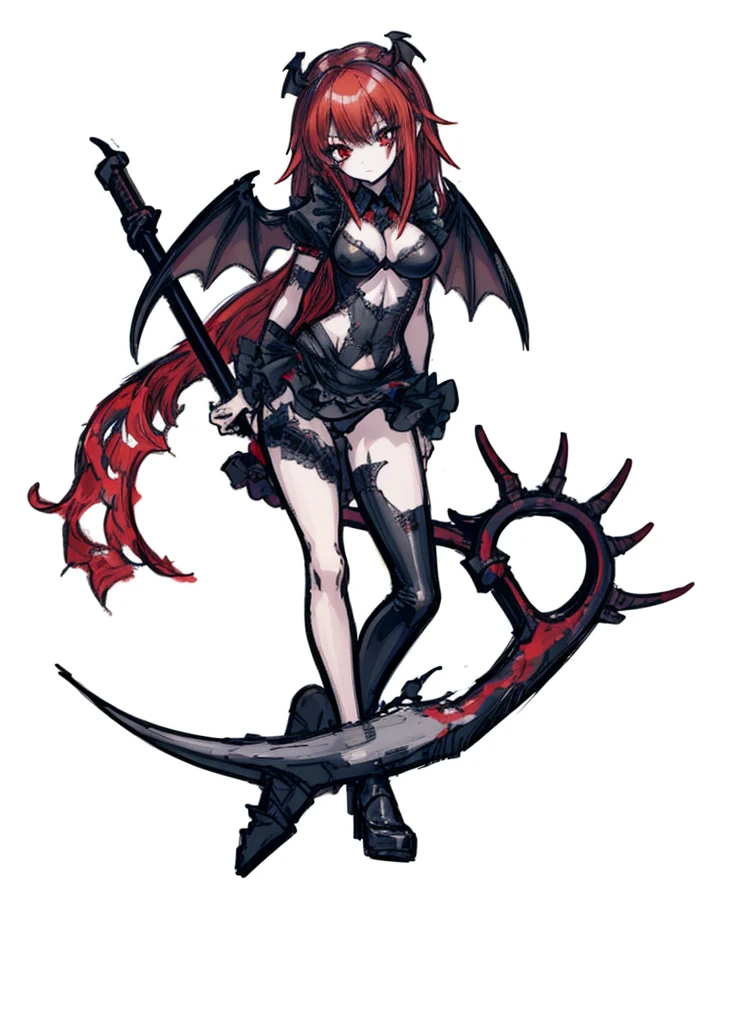1girl, red eyes,red hair, succubus, maid, bat wings, beautiful clothes , (high resolution, high detail, best quality) , huge breasts, crazy,scythe