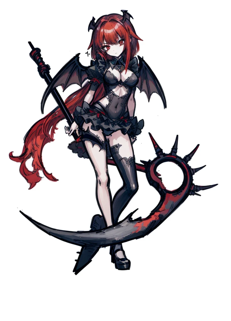 1girl, red eyes,red hair, succubus, maid, bat wings, beautiful clothes , (high resolution, high detail, best quality) , huge breasts, crazy,scythe