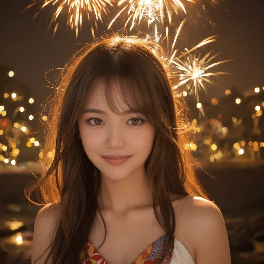 (“solo” Detailed and realistic portrait of a beautiful young Asian woman。She has long light brown hair and big light brown eyes. )A beautiful woman with her hair up, wearing a vibrant yukata, holds a sparkler in her hand under the night sky. The light from the sparkler softly illuminates her face, highlighting her charming smile. The background exudes the quiet ambiance of a summer night, with distant fireworks audible in the distance.