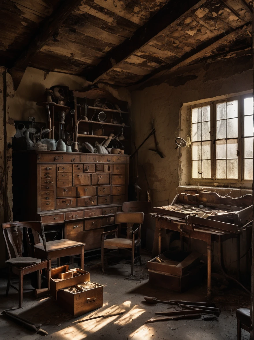 In the attic of an old, abandoned
asylum, a collection of dusty
medical instruments sits
untouched for decades. As the
moonlight filters through broken
windows, the tools seem to come
alive, casting sinister shadows
on the cracked walls.
