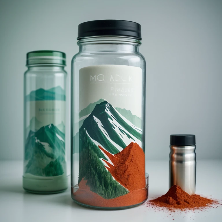 icelandic fjord background, mountain-shaped label, modern pastel matte product design, all of this on a modern design spice tube shaker (narrow tall tall cylinder jar filled with red powder or green powder)